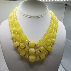 Vintage Mid Century Yellow Lucite Bead Necklace 3 Strand 17 Inch